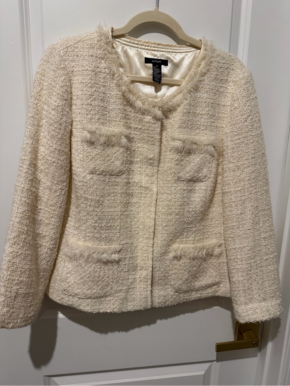Vintage Alfani Ivory Bouclé Fringe-Trim Tweed Collarless Jacket